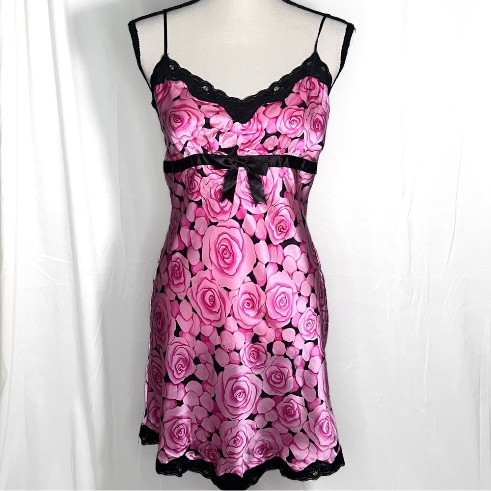 Nick & Nora Rose Print Lace Chemise Silk Night Slip Dress Size S